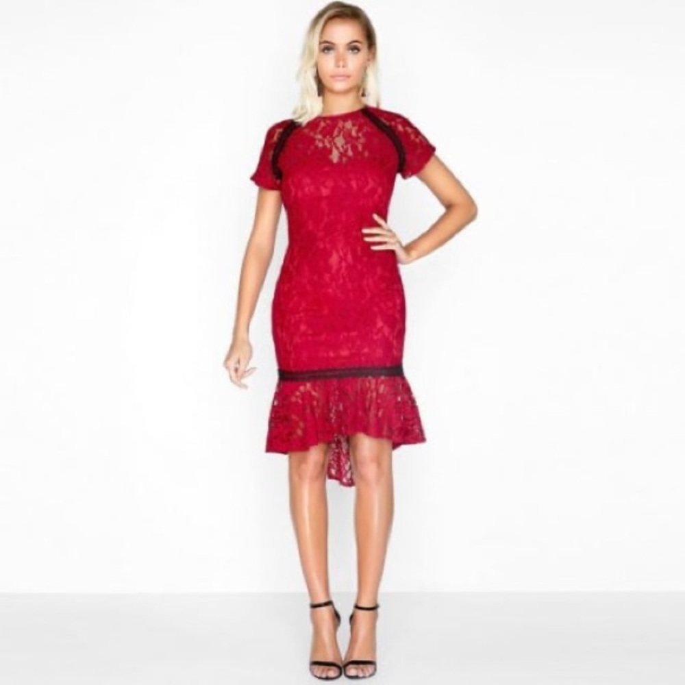 Paper Dolls Red Cap Sleeve Lace Dress Crochet Trim